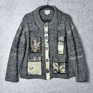 Jessica Knits Cardigan Sweater Womens XL Gray Patchwork Pockets Made USA Art